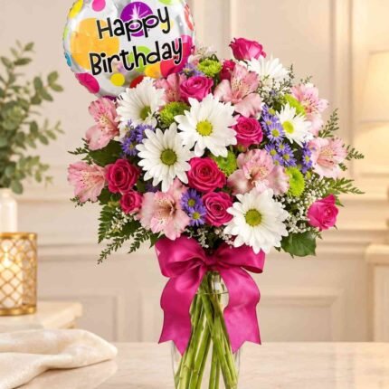 birthday flower bouquet Lahore with mixed flowers and birthday balloon