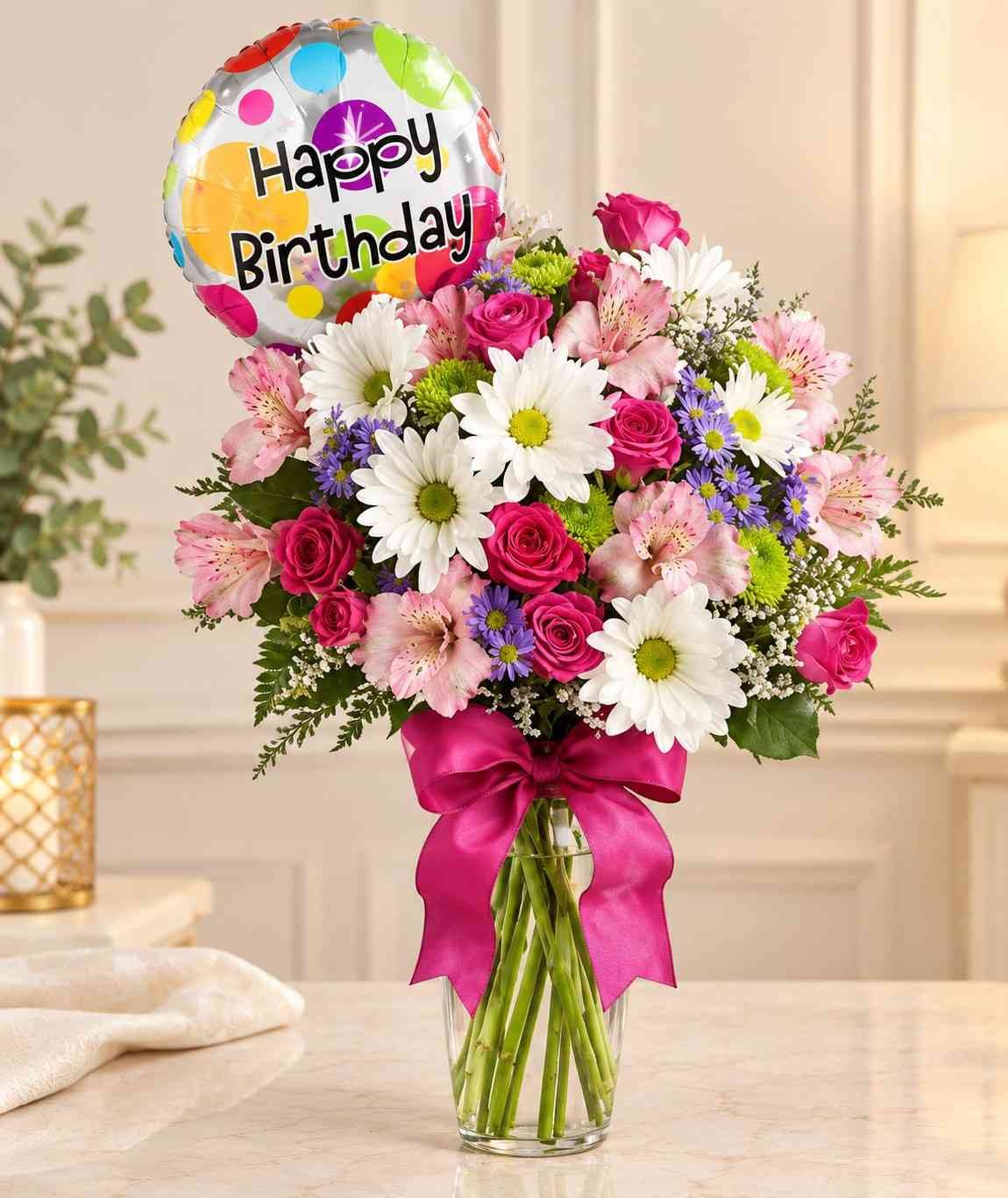 Birthday Flower Bouquet Lahore birthday flower bouquet Lahore with mixed flowers and birthday balloon