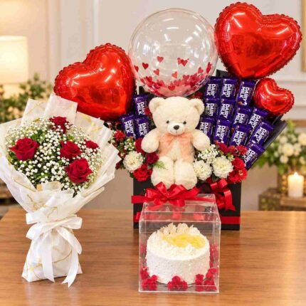 Birthday gift hamper Lahore with teddy bear, roses, chocolates, balloons and cake