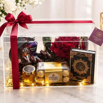 Islamic gift hamper Lahore with roses chocolates and Quran gift box