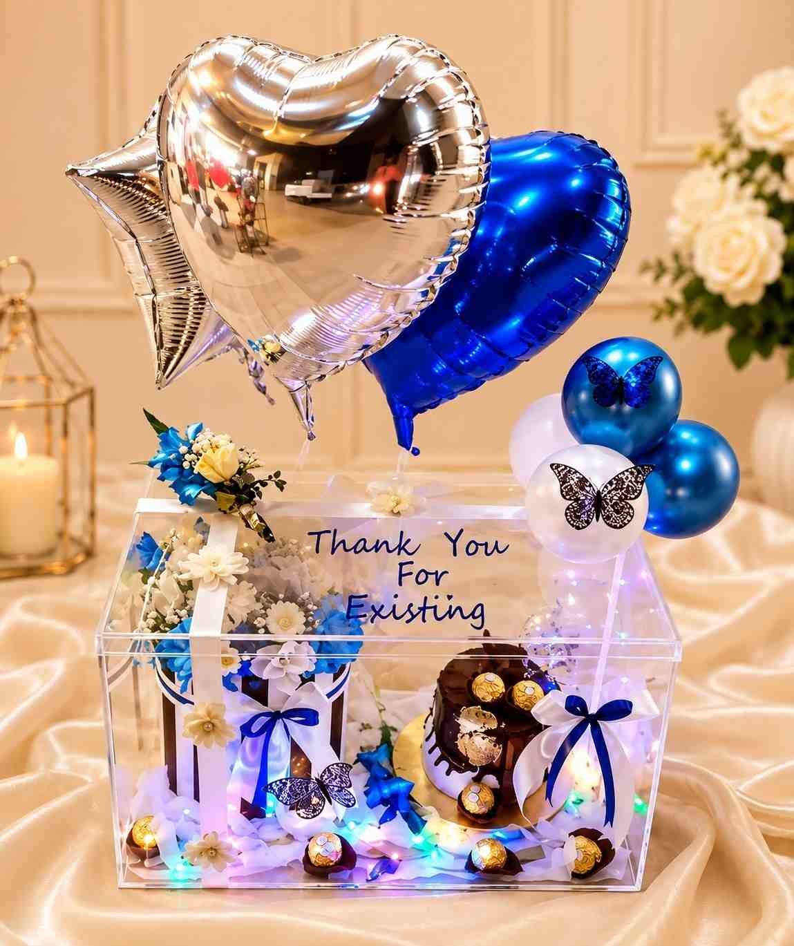 Blue Balloon and Cake Box to Send Gifts to Pakistan Online Clear gift box with blue heart balloons and a chocolate cake to send gifts to Pakistan online