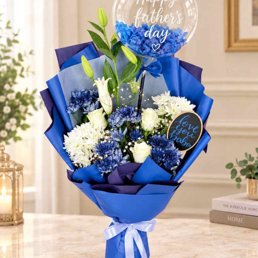 Bouquet delivery Lahore featuring an elegant blue and white Father’s Day bouquet