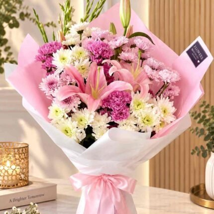 Fresh flower bouquet Lahore with pink lilies and chrysanthemums