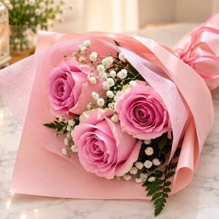 Pink rose bouquet Lahore with baby’s breath and elegant wrapping