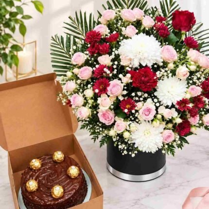 Sunflower gift box Lahore with pink roses and fresh mixed flowers