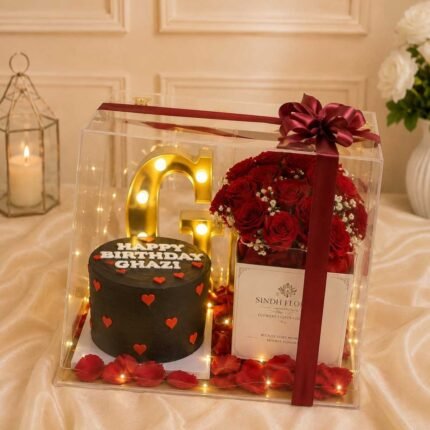 Birthday Flower Box Lahore with red roses, cake and golden letter