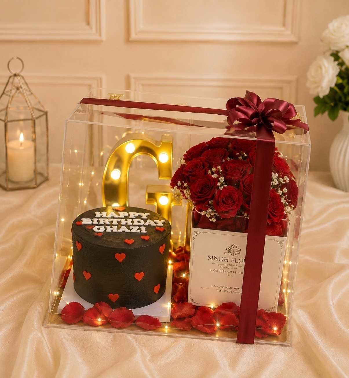 Birthday Flower Box Lahore Birthday Flower Box Lahore with red roses, cake and golden letter