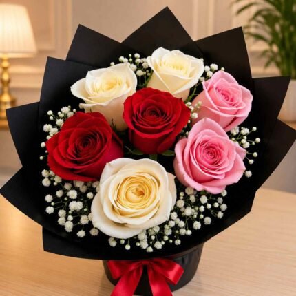 Mixed flower bouquet Lahore with red, pink, and ivory roses
