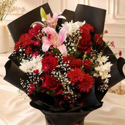 Mixed Flower Bouquet Lahore with red roses, pink lilies and white chrysanthemums