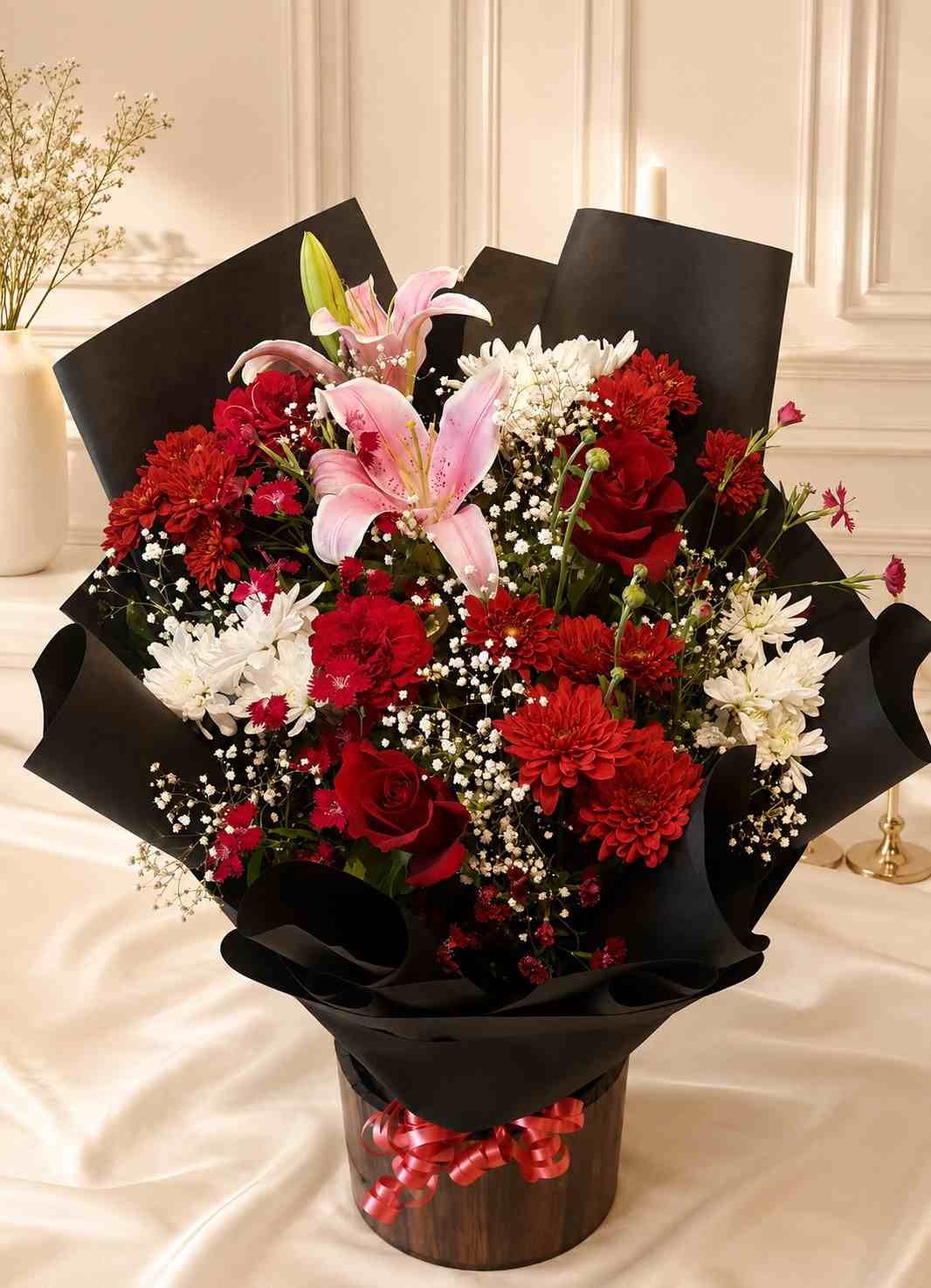 Mixed Flower Bouquet Lahore Mixed Flower Bouquet Lahore with red roses, pink lilies and white chrysanthemums