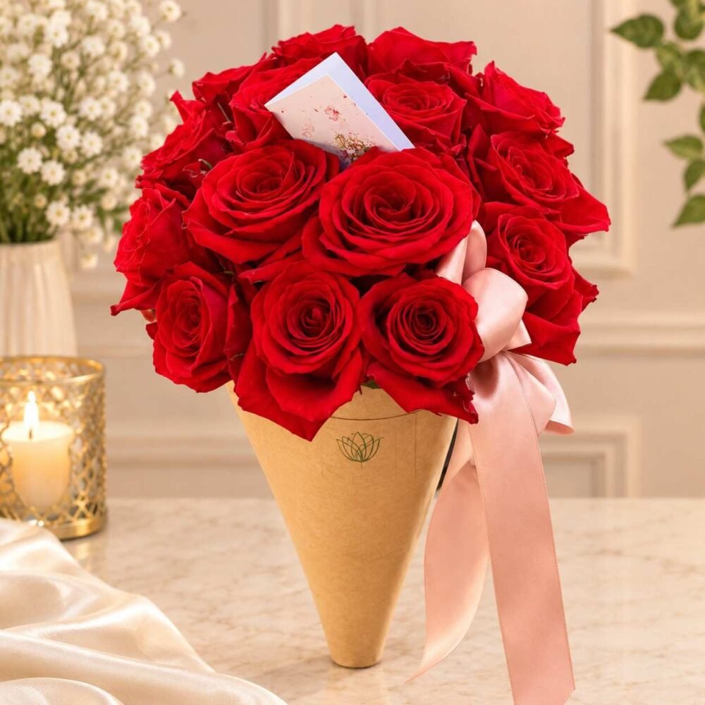 Rose Bouquet Lahore with fresh red roses and pink ribbon