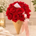 Rose Bouquet Lahore with fresh red roses and pink ribbon