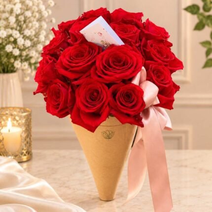Rose Bouquet Lahore with fresh red roses and pink ribbon