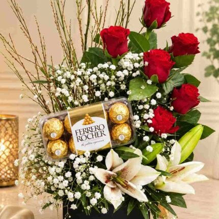 Ferrero gift Lahore with red roses, white lilies, and Ferrero Rocher chocolates