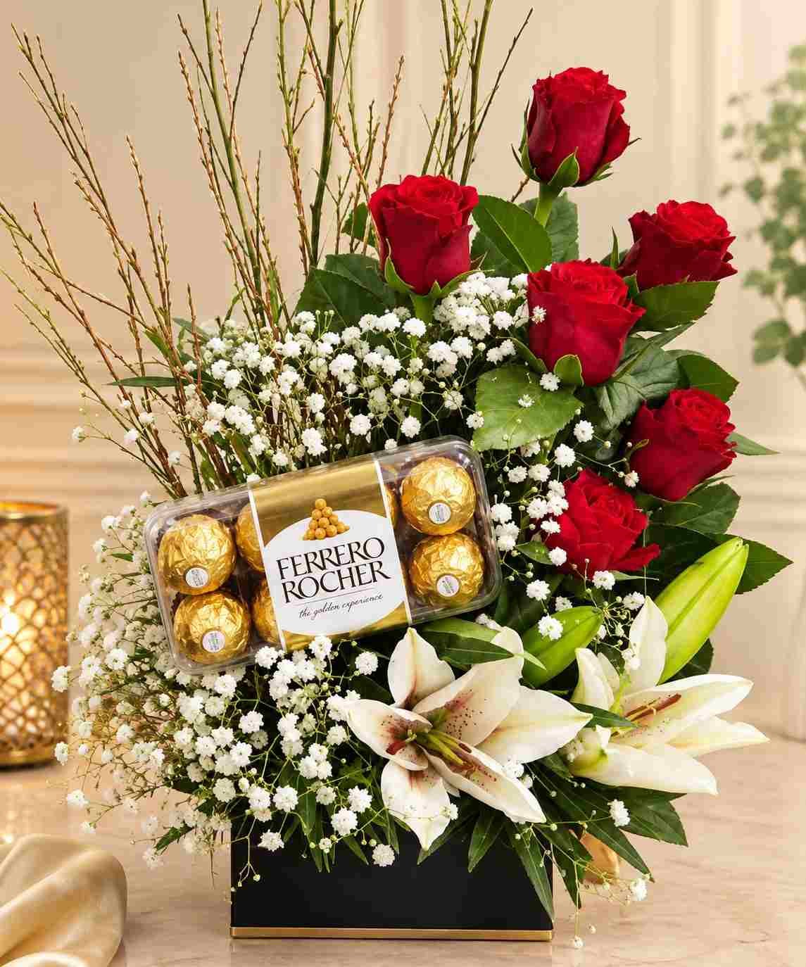 Ferrero Gift Lahore Ferrero gift Lahore with red roses, white lilies, and Ferrero Rocher chocolates