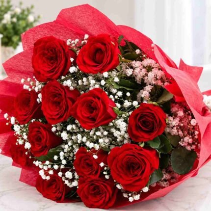 Red Rose Bouquet Lahore with red roses and baby’s breath