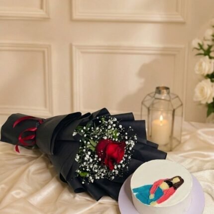 Hand-painted portrait cake and wrapped red rose to send flowers and gifts to Pakistan