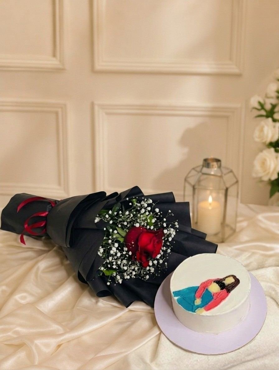 Custom Portrait Cake and Rose for Send Flowers and Gifts to Pakistan Hand-painted portrait cake and wrapped red rose to send flowers and gifts to Pakistan