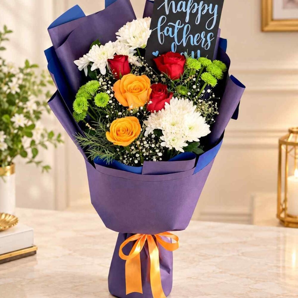 Flower gifts Lahore featuring a vibrant bouquet of roses and chrysanthemums for Dad
