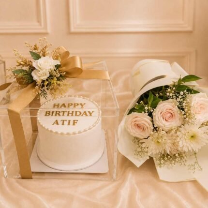 Birthday Gift Delivery Lahore with flower bouquet and personalized cake