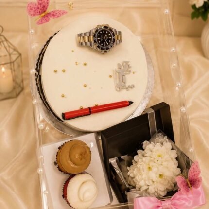 birthday gift box Pakistan with watch cake cupcakes and flowers