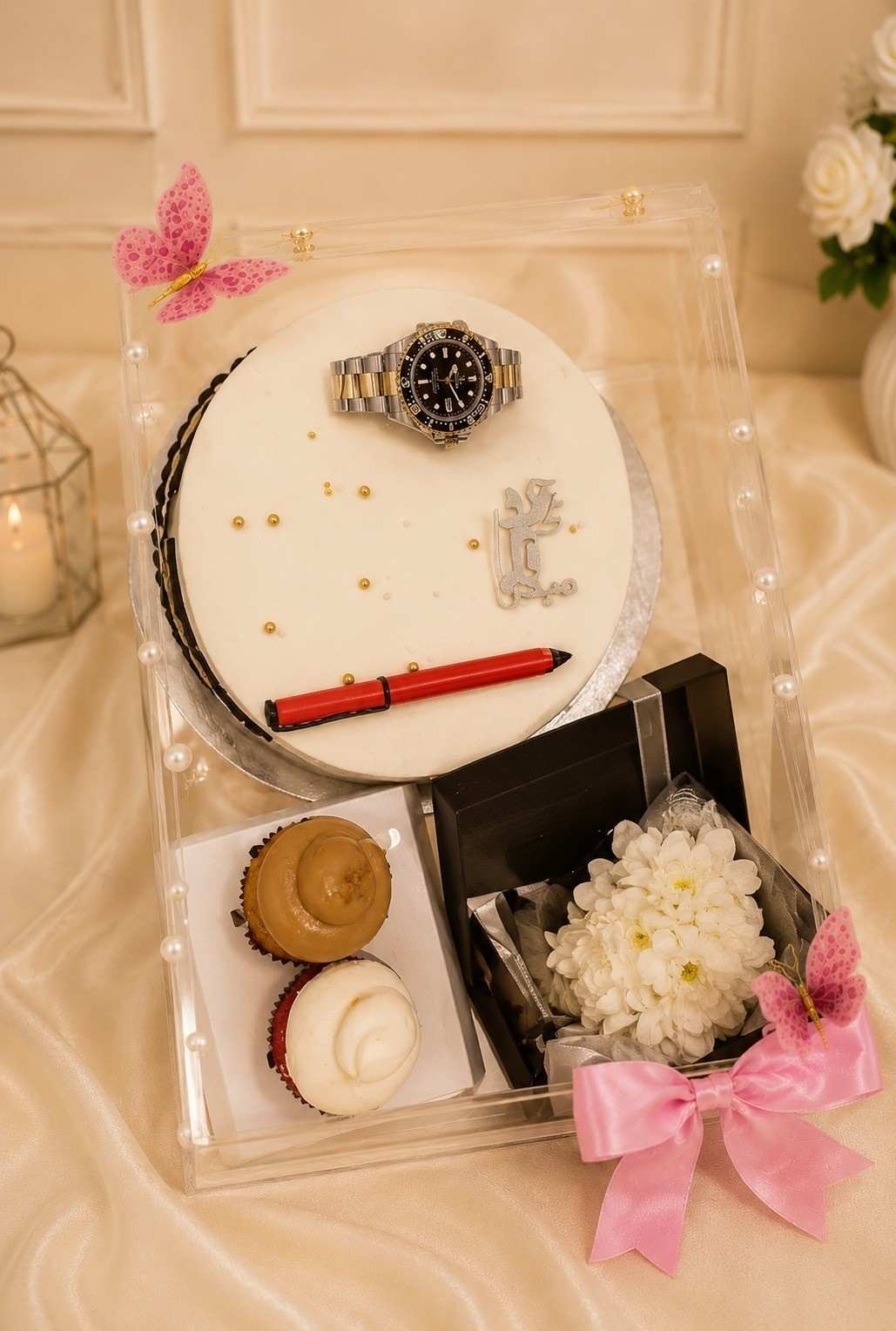 Birthday Gift Box Pakistan | Gentleman’s Celebration birthday gift box Pakistan with watch cake cupcakes and flowers