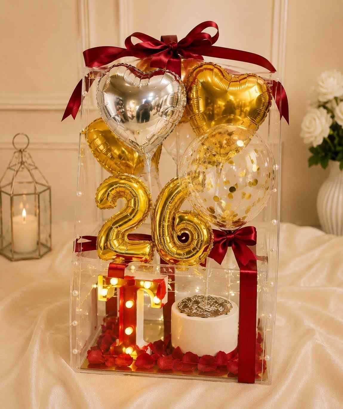 26th Birthday Gift Lahore 26th Birthday Gift Lahore with golden balloons, cake and lights