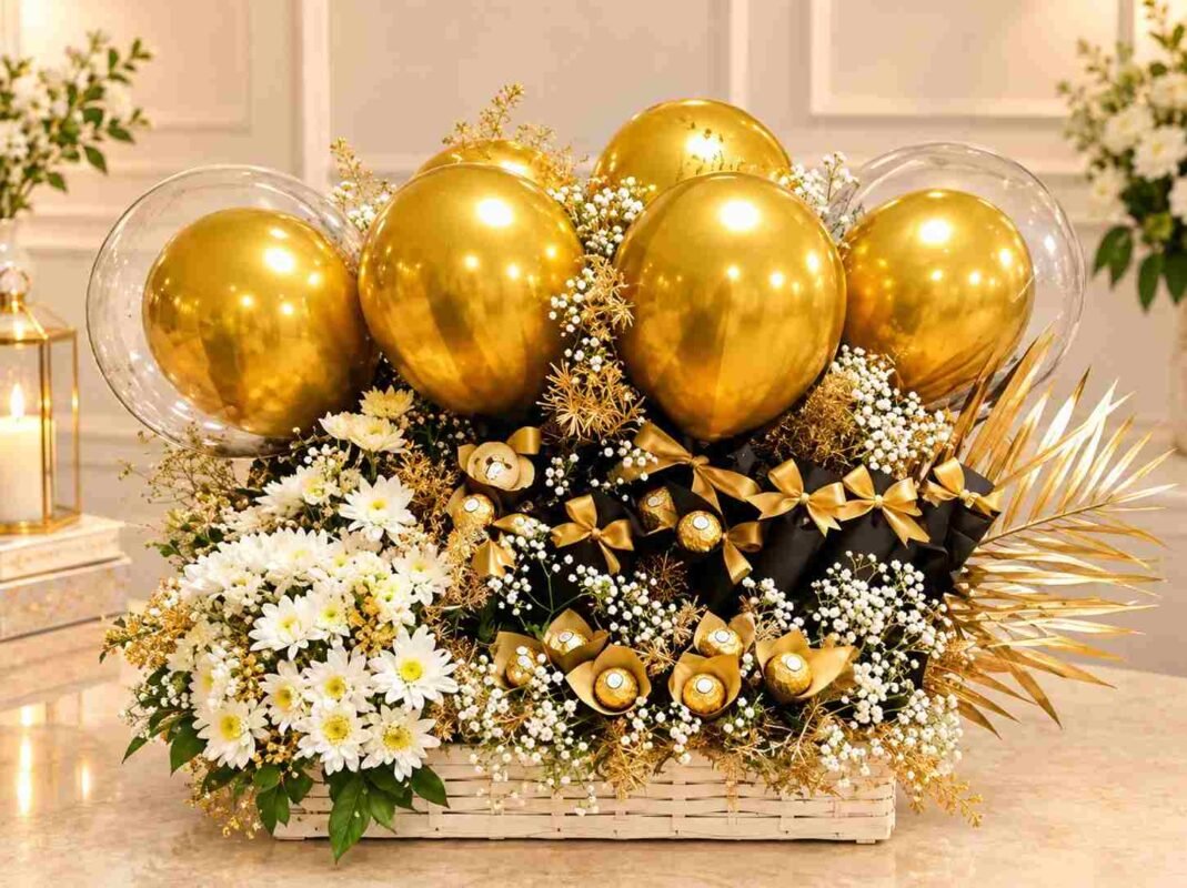Golden celebration gift basket from PakFlowerShop for sending gifts to Pakistan from the UAE and Gulf