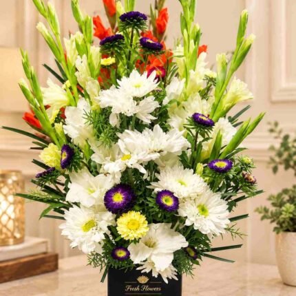 Mixed flower arrangement Lahore with white chrysanthemums and purple flowers