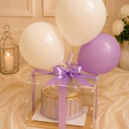 birthday surprise box Pakistan with cake and lavender balloons