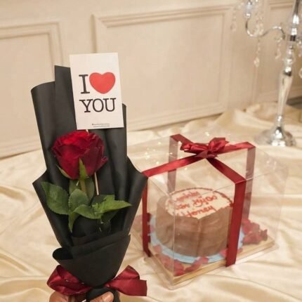 romantic gift combo Pakistan with red rose and cake