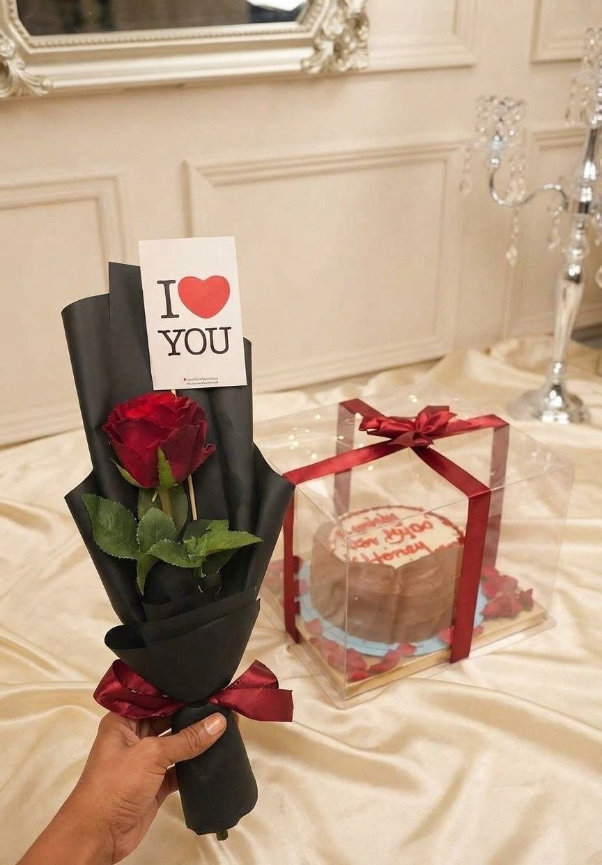 Romantic Gift Combo Pakistan | Love Rose Cake Duo romantic gift combo Pakistan with red rose and cake