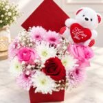 Teddy Bear Gifts Pakistan with pink flowers and red rose
