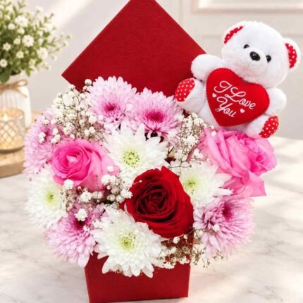 Teddy Bear Gifts Pakistan with pink flowers and red rose