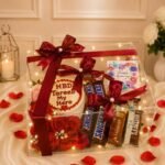 Clear acrylic box with fresh red roses and chocolates for birthday gift delivery Lahore