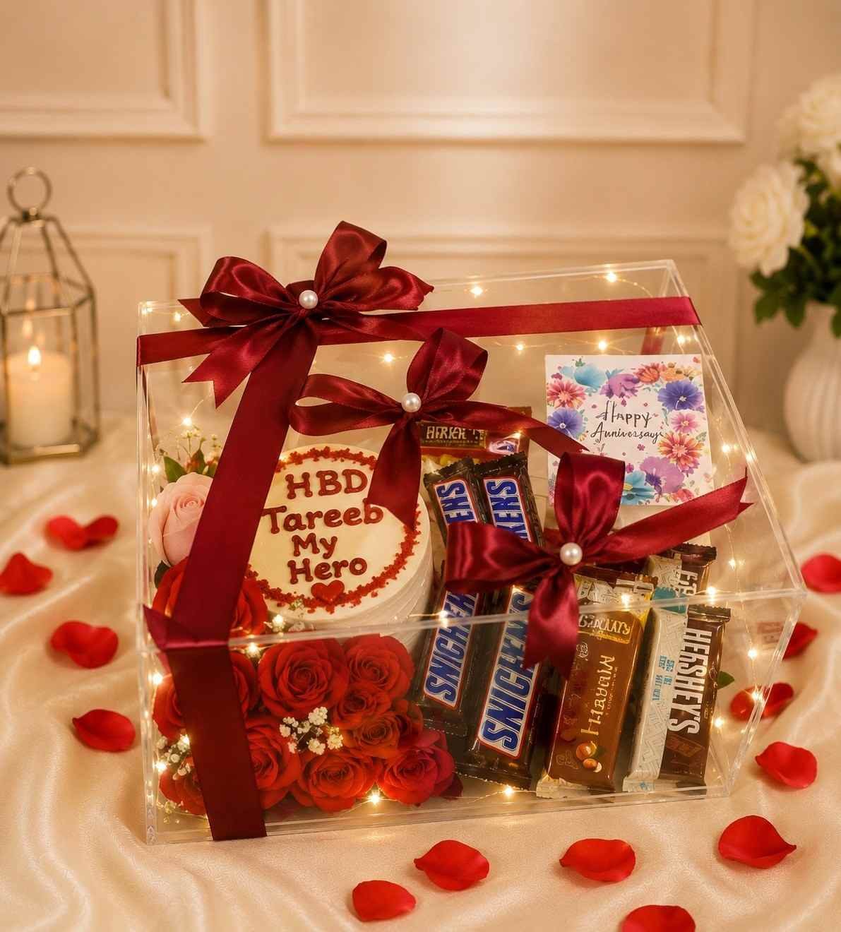 Luxury Acrylic Box for Birthday Gift Delivery Lahore Clear acrylic box with fresh red roses and chocolates for birthday gift delivery Lahore