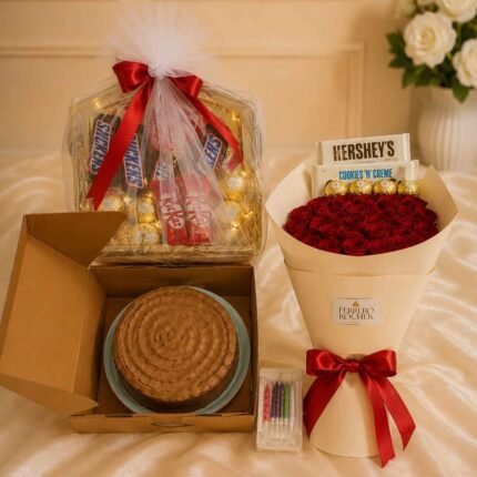 Fresh red rose bouquet next to a chocolate cake and gift box for people who send flowers and cakes