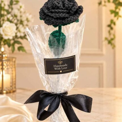 Handmade gifts in Lahore featuring a black crochet rose