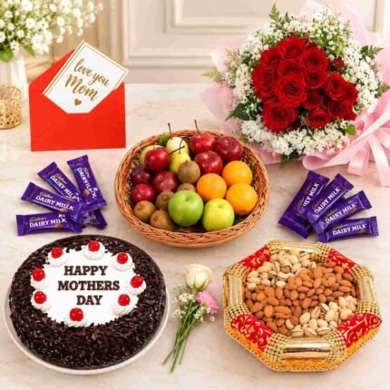 Mother’s Day gifts Pakistan with roses cake chocolates fruit and dry fruits