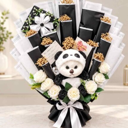 Panda gift bouquet with roses and wrapped treats