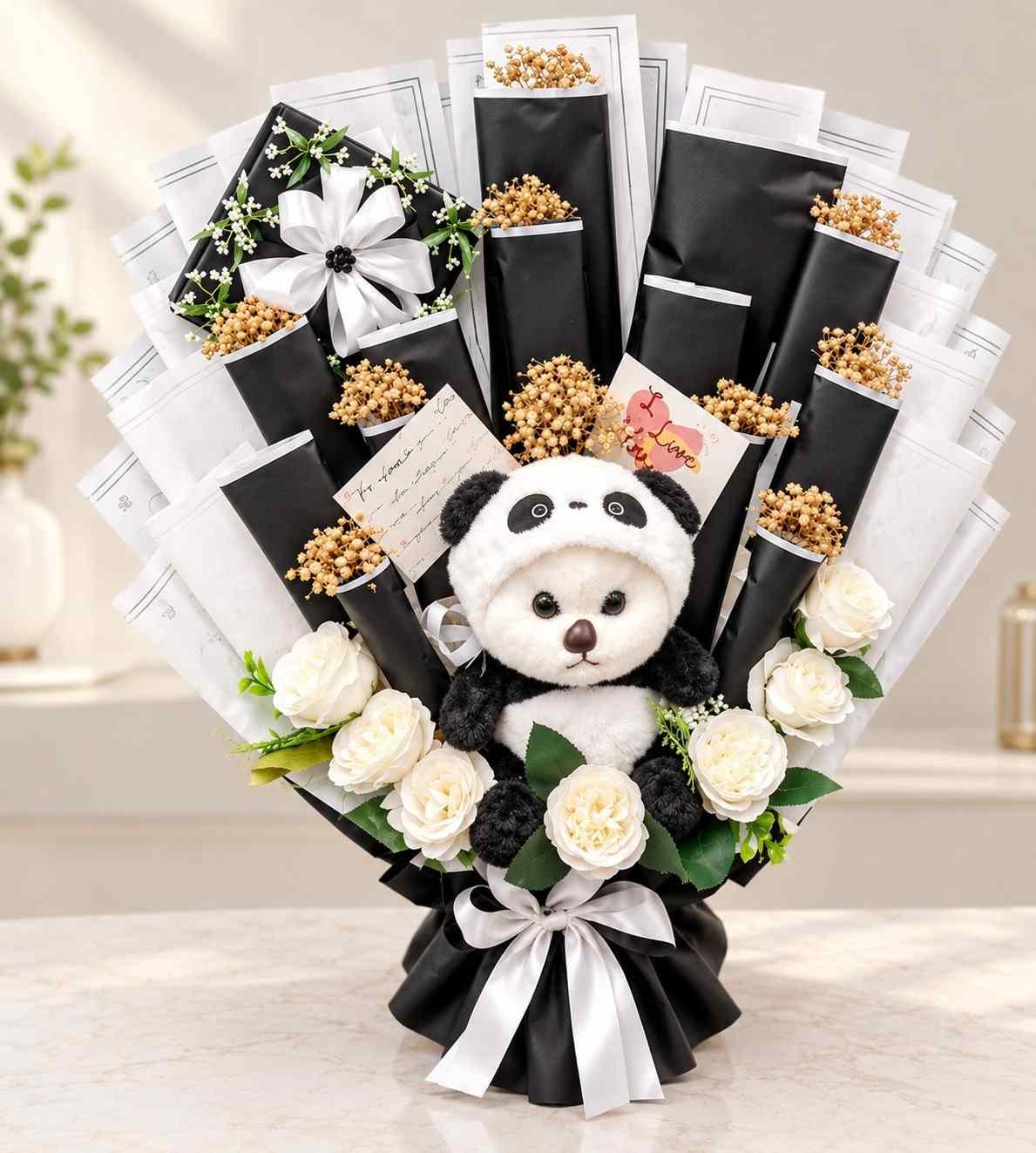 Panda Gift Bouquet Panda gift bouquet with roses and wrapped treats
