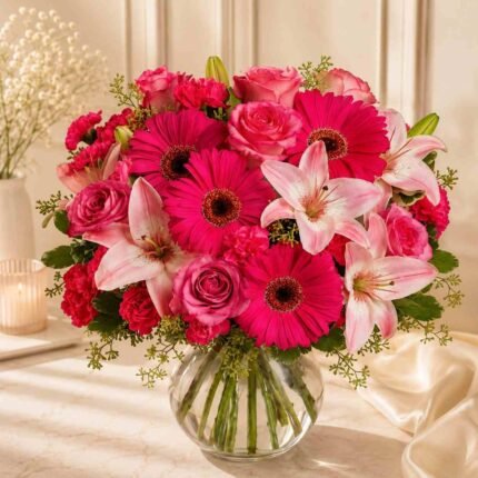Pink Flower Bouquet Lahore with roses, lilies and gerbera flowers