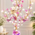 Artificial flower gift Lahore with pink roses and teddy bear