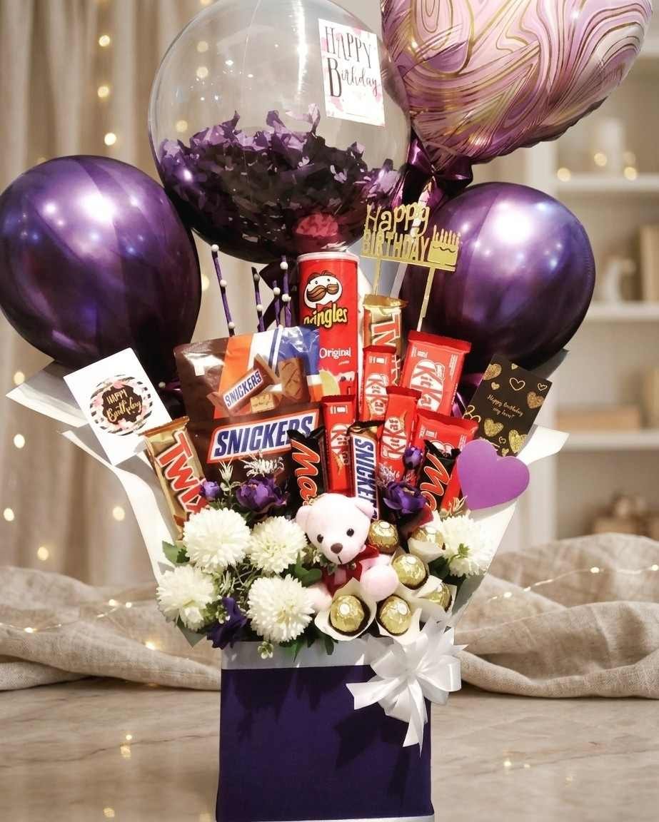 Online Birthday Gift Pakistan Luxury Balloon Hamper Purple birthday balloon arrangement for online birthday gift pakistan delivery