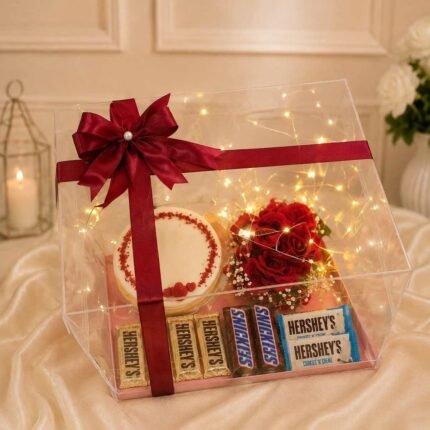 Chocolate Gift Box Lahore with red roses, cake and chocolates