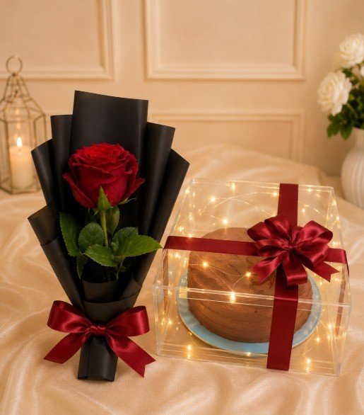 Romantic Rose and Cake Set for Flower Delivery in Pakistan Single wrapped red rose next to a glowing cake box for flower delivery in Pakistan
