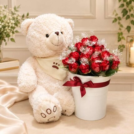 Flower gifts Lahore with red roses and teddy bear
