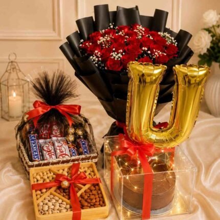 Luxury Gift Hamper Lahore with red roses, cake, chocolates, and dry fruits