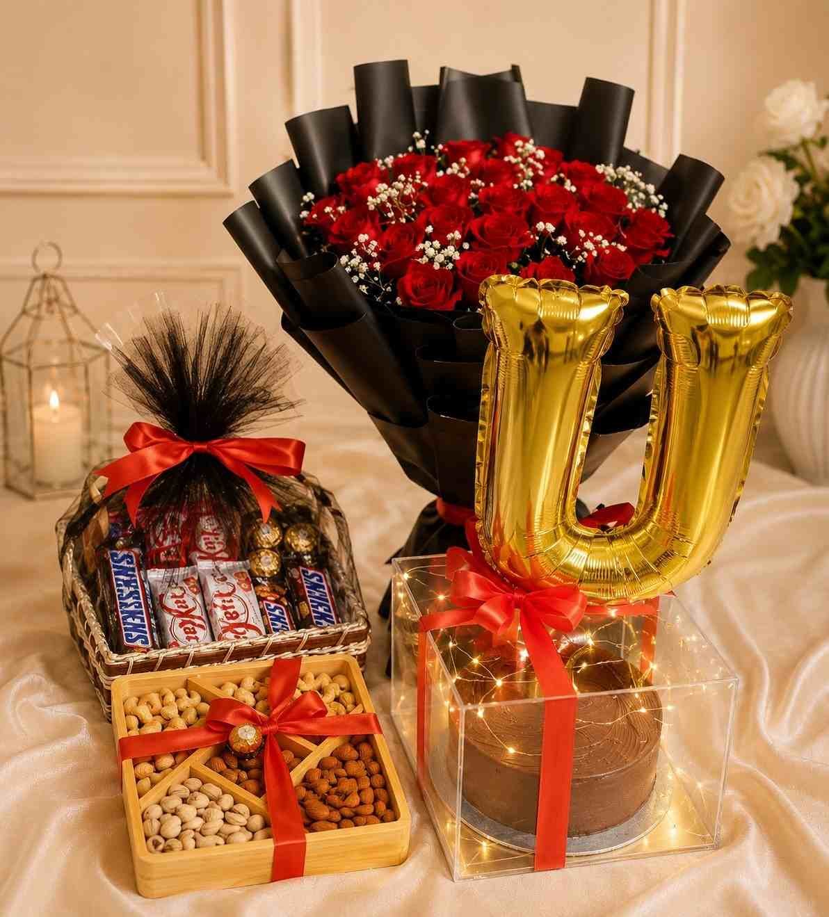 Luxury Gift Hamper Lahore Luxury Gift Hamper Lahore with red roses, cake, chocolates, and dry fruits