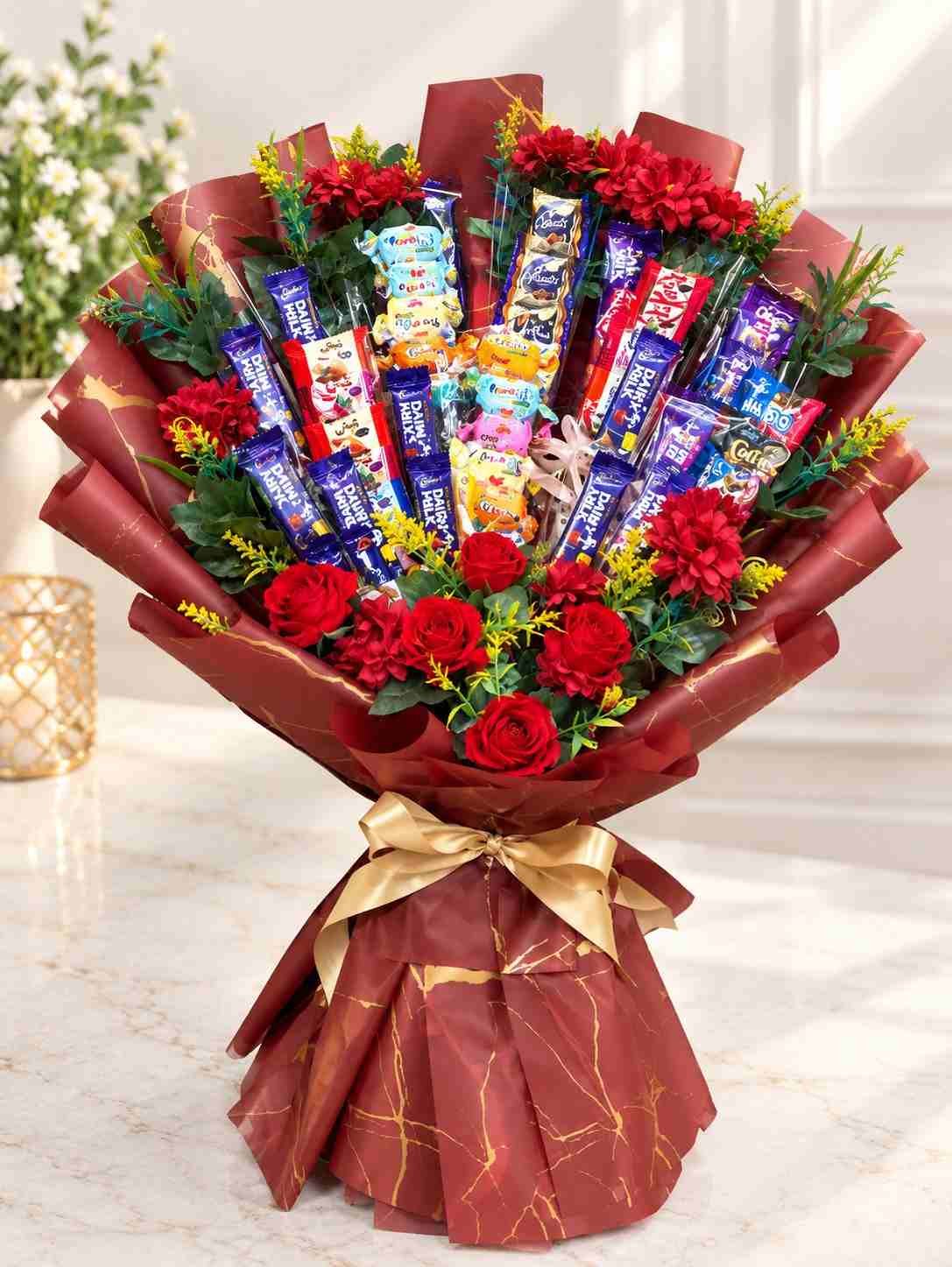 Chocolate Bouquet Lahore Chocolate Bouquet Lahore with assorted chocolates and red flowers